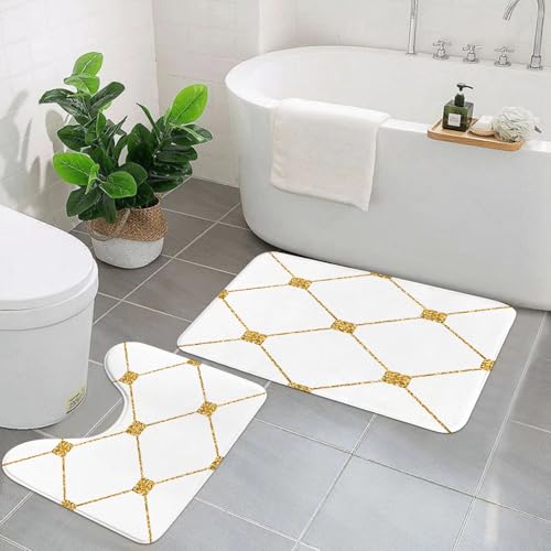 KGDHY Badezimmermatten-Sets 2-Teilig,Goldglitzer und weiße Vorlage. Goldenes Ornament.,Bad und WC-Vorleger-Set,rutschfeste Badezimmerteppiche wasserabsorbierende von KGDHY
