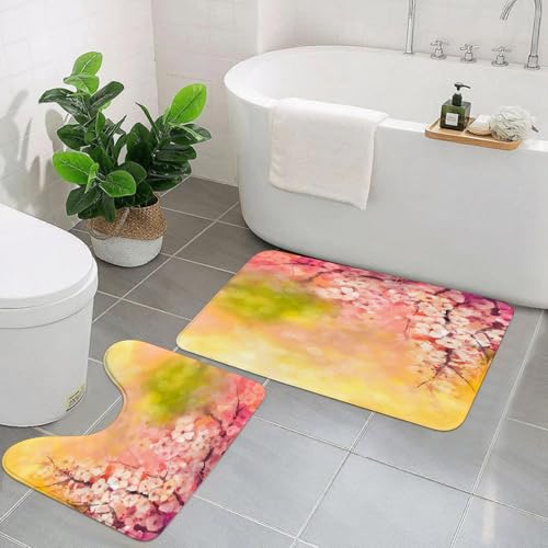 KGDHY Badezimmermatten-Sets 2-Teilig,Japanische Kirsche Sakura Blumenkunst in sanften Farben über verschwommenem Naturhinter,Bad und WC-Vorleger-Set,rutschfeste Badezimmerteppiche wasserabsorbierende von KGDHY