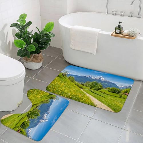 KGDHY Badezimmermatten-Sets 2-Teilig,Valentinsmuster mit Blumen und bunten Herzen (172),Bad und WC-Vorleger-Set,rutschfeste Badezimmerteppiche wasserabsorbierende von KGDHY