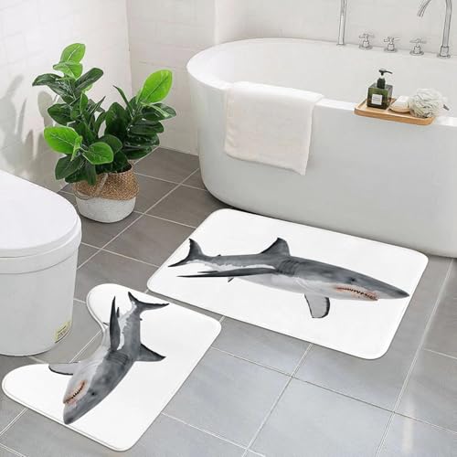 KGDHY Badezimmermatten-Sets 2-Teilig,Weißer Hai isoliert auf weißem Hintergrund,Bad und WC-Vorleger-Set,rutschfeste Badezimmerteppiche wasserabsorbierende von KGDHY