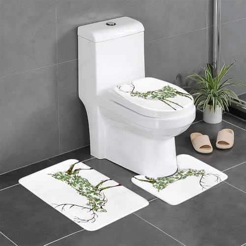 KGDHY Badezimmermatten-Sets 3-Teilig,Geweih Set, Designer Hirsch Illustration Elch verlässt Grün,Bad und WC-Vorleger-Set,rutschfeste Badezimmerteppiche wasserabsorbierende von KGDHY