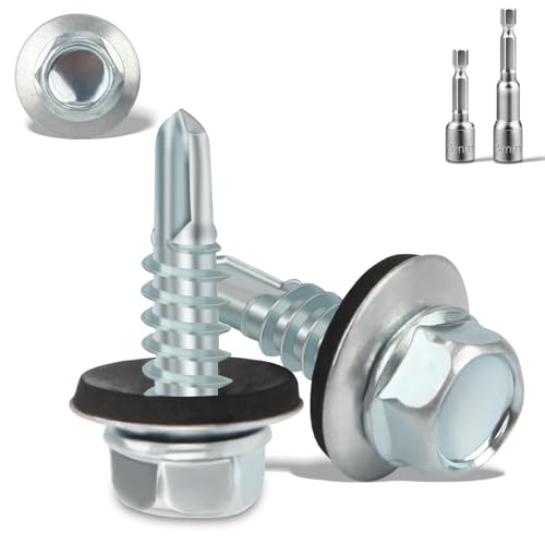 120 Stück Selbstschneidende Schrauben 4.8x16MM Trapezblechschrauben mit Dichtscheibe + 2 Stk Sechskant Bit Steckschlusselsatz M8 Spenglerschrauben Verzinkt Bohrschrauben Metalldachschrauben(Silber) von KGGZKG