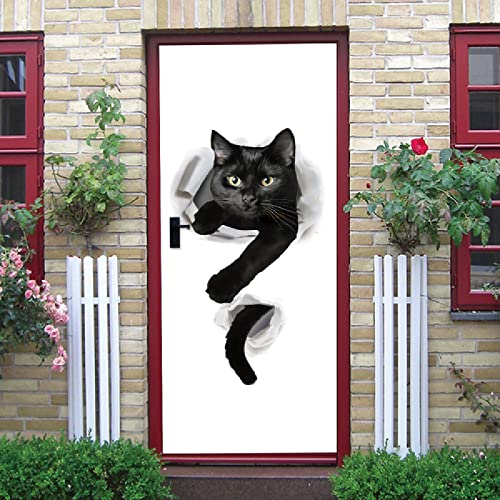 KGLGCY DIY Türposter Schwarze Katze aus der Wand Türtapete Selbstklebend Türposter Fototapete PVC 3D Türaufkleber Diy Türbild 95 X 215 cm Wohnzimmer Schlafzimmer Bad Door Decals von KGLGCY