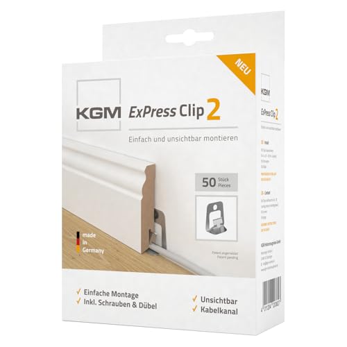 KGM Sockelleisten ExPress Clips 2 – Leistenclips für die unsichtbare Montage von Fußleisten – 50 Stück - Für Sockelleisten mit EXPRESS CLIP Fräsung KGM Sockelleisten ExPress Clips 2 – Leistenclips für die unsichtbare Montage von Fußleisten – 50 Stück - Für Sockelleisten mit EXPRESS CLIP Fräsung von KGM