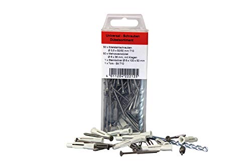 KGM Torx-Schraubenset – aus rostfreiem Edelstahl – Inhalt: 50x Torx-Schrauben / 50x Dübel / 1x Steinbohrer / 1x Torx Bit von KGM