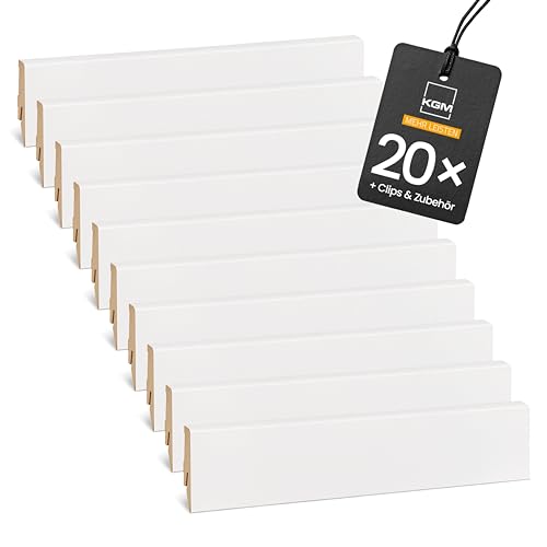 Komplett-Set 48m Sockelleiste MEGA – Weiß folierte MDF Fußleiste mit Zubehör – Maße: 2400 x 16 x 58 mm – 20 Stück (20 St. / 48 Meter) von KGM