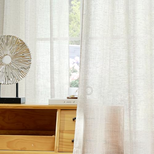 KGORGE Leinen Vorhänge Kurz mit Kräuselband Halbtransparente Gardinen 2er Set 160cm x 140cm(HxB) Leinenvorhang Boho für Schlafzimmer/Wohnzimmer, Elfenbein von KGORGE