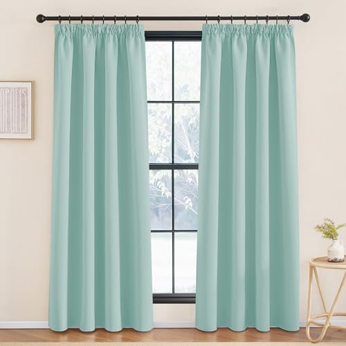 KGORGE Wohnzimmer Gardinen mit Kräuselband 2er Set 220 x 140 cm(HxB) Verdunklungsvorhänge Grün Thermovorhang Hitzeschutz Übergardinen für Schienen Thermo, Hellgrün von KGORGE