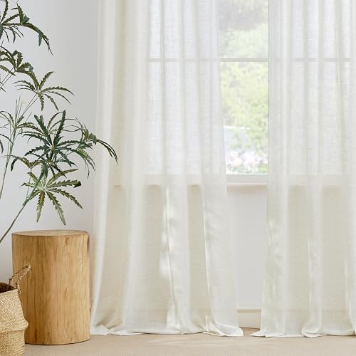 KGORGE Wohnzimmer Leinenvorhänge mit Kräuselband 240cm x 140cm(HxB) Boho Leinen Vorhang Halbtransparente Gardinen 2er Set Leinenoptik Vorhänge, Elfenbein von KGORGE
