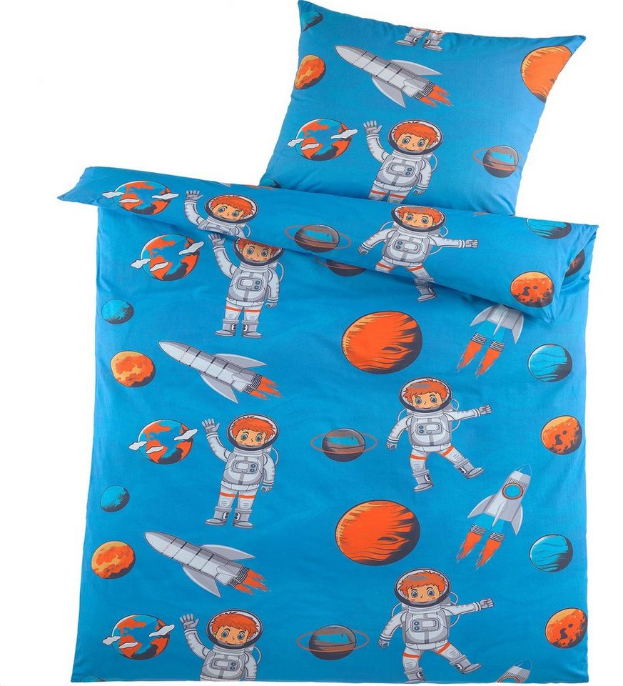 Bettwäsche 2-tlg. Kinder Motiv Bettwäsche, 135 x 200 + 80x80 cm, Microfaser, KH-Haushaltshandel, Microfaser, für Jugendliche, Farbe: blau, Motiv: Astronaut von KH-Haushaltshandel
