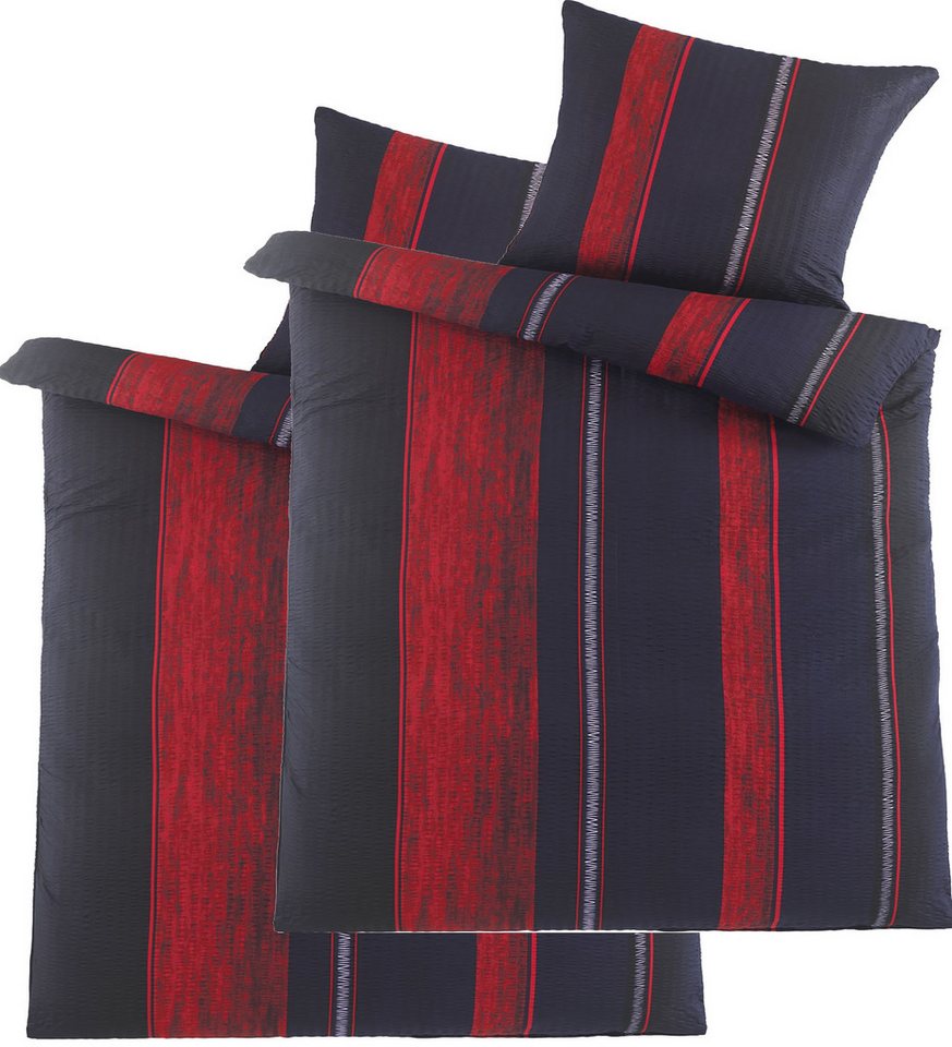 KH-Haushaltshandel Bettwäsche 4-tlg. Seersucker Bettwäsche 2x (135x200 +80x80cm), längs gestreift, Seersucker, 4 teilig, rot schwarz, bügelfrei von KH-Haushaltshandel