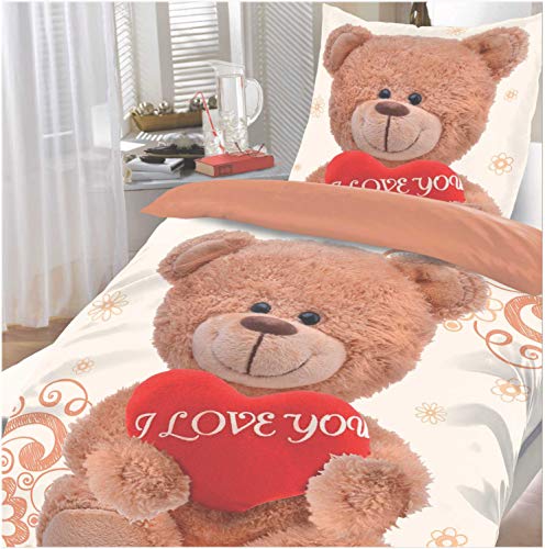 KH-Haushaltshandel 2-TLG. Motiv Wende Bettwäsche Teddy Bär, I Love You, 135 x 200 + 80x80cm, fotorealistischer Druck, Microfaser von KH-Haushaltshandel