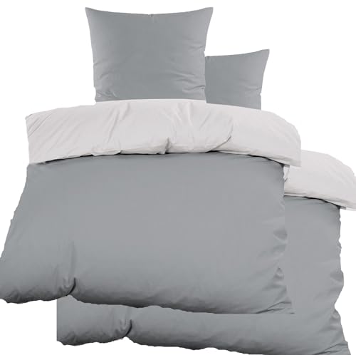 KH-Haushaltshandel 4-TLG. Satin Wende Bettwäsche, 2X(135x200+80x80cm), 100% Baumwolle, grau/Silber, Uni/einfarbig (P-SatGrauSilber2x) von KH-Haushaltshandel