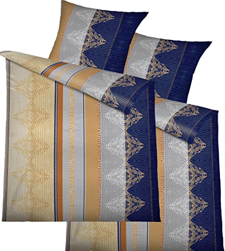 KH-Haushaltshandel 4-TLG. Seersucker Bettwäsche 2X 135x200 +80x80cm, blau beige Ocker, Streifen, bügelfrei, Microfaser(W415460) von KH-Haushaltshandel