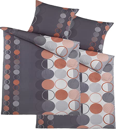 KH-Haushaltshandel 4-TLG. Seersucker Bettwäsche 2X 135x200 +80x80cm, grau, Terra-orange Kreise, bügelfrei, Microfaser(W400984) von KH-Haushaltshandel