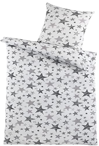 KH-Haushaltshandel Baumwoll Seersucker Bettwäsche, 135 x 200 + 80x80cm, weiß grau, Sterne, bügelfrei, 100% Baumwolle(W418090) von KH-Haushaltshandel