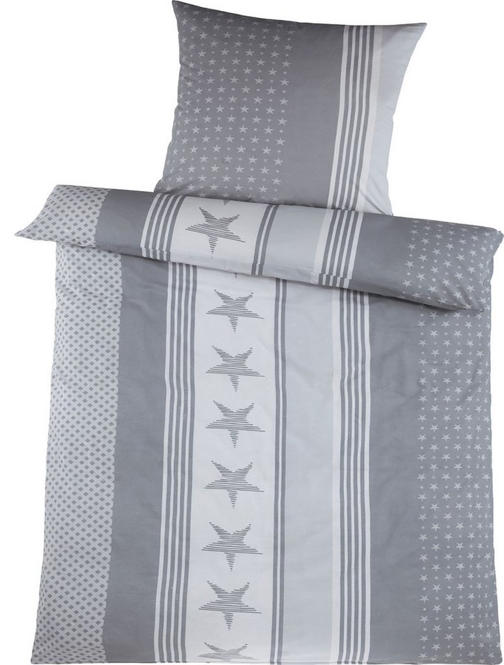 KH-Haushaltshandel Bettwäsche 2-tlg. Biber Winter Bettwäsche, 135 x 200 + 80x80cm, Sterne, Biber, 2 teilig, grau weiß, Winterbettwäsche, warm weich flauschig von KH-Haushaltshandel