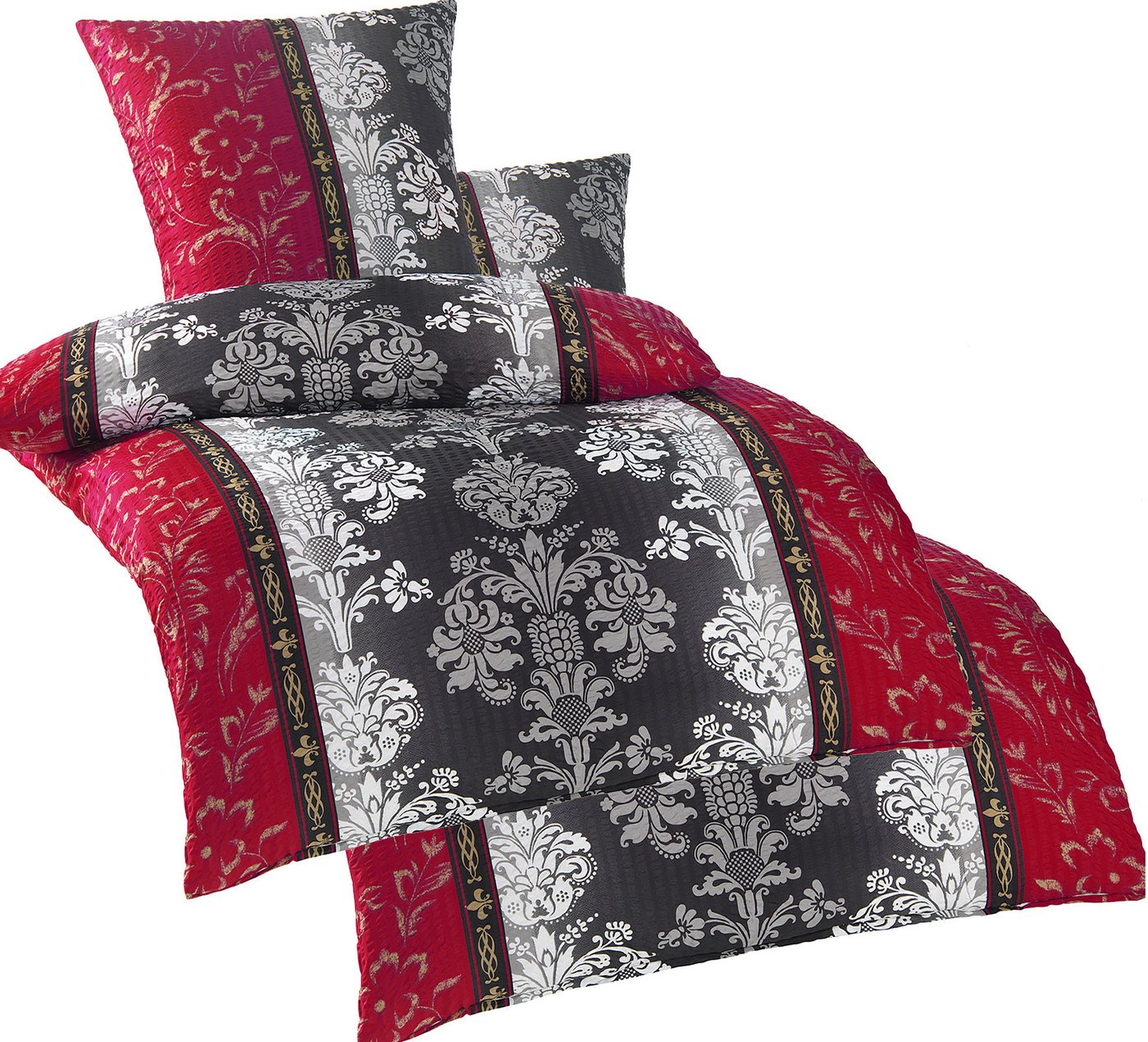 KH-Haushaltshandel Bettwäsche 4-tlg. Seersucker Bettwäsche 2x (135x200 +80x80cm), Ornamente, Seersucker, 4 teilig, rot grau weiß, Microfaser, bügelfrei von KH-Haushaltshandel