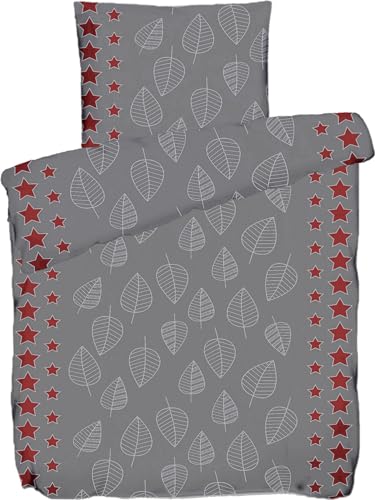 KH-Haushaltshandel Biber Winter Bettwäsche 135 x 200 + 80x80 cm, 100% Baumwolle, grau rot, Sterne/Blätter (P) von KH-Haushaltshandel