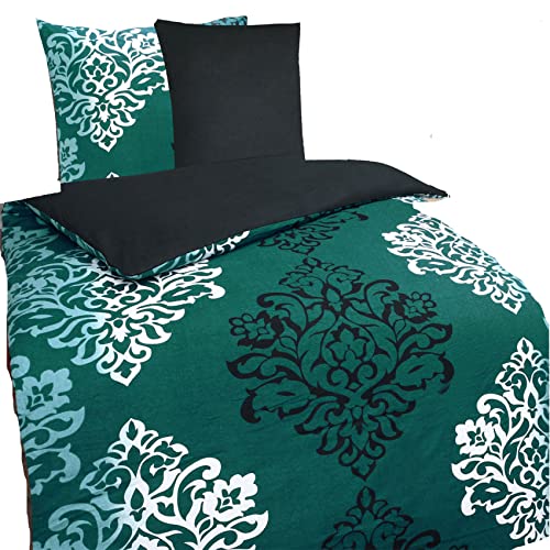 KH-Haushaltshandel Biber Winter Wende Bettwäsche 135 x 200 + 80x80 cm, 100% Baumwolle, grün schwarz Ornamente(P-GrünOrna) von KH-Haushaltshandel