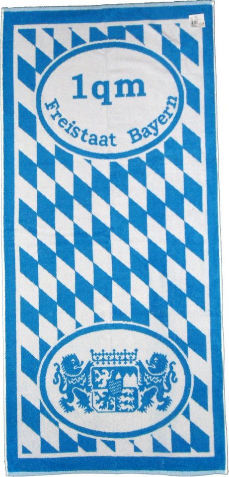 KH-Haushaltshandel Duschtuch Frottier Duschtuch Badetuch, Motiv: 1 qm Freistaat Bayern, Frottier (1-St), mit Wappen und Rauten, blau weiss, 70 x 150 cm, Strandlaken, Saunatuch von KH-Haushaltshandel