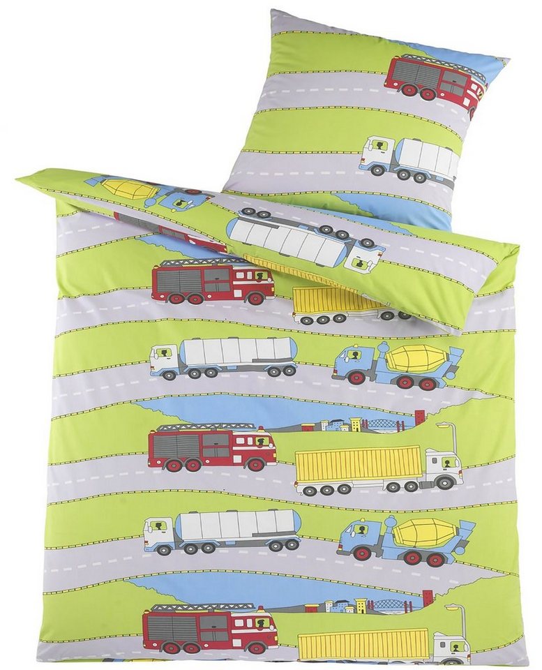 Kinderbettwäsche Renforce Bettwäsche 135x200 + 80x80 cm, 100% Baumwolle, KH-Haushaltshandel, Renforce, 2 teilig, Motiv: Trucks/Straßen, quergestreift von KH-Haushaltshandel