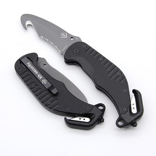 KH-Security Rettungsmesser Elite mit gezahnter abgerundeter Klinge Gurtschneider Fensterbrecher Clip und Spiralkette – Taschenmesser Klapmesser von KH-Security