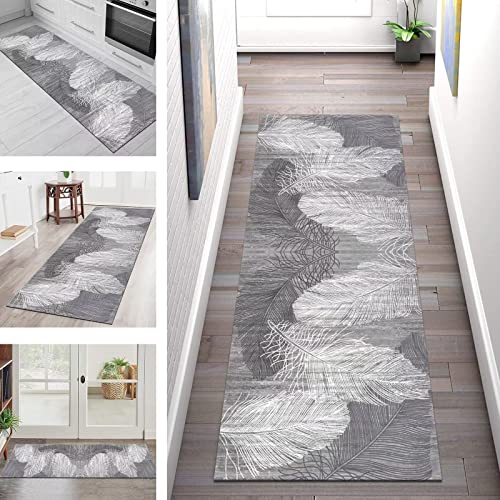 KHADR Teppichläufer – 60 x 200 cm Fußmatte für den Innenbereich, Langer Flur, rutschfest, für Wohnzimmer, Schlafzimmer, Büro, grau, weiß, abstrakte Teppiche, Eingangsbereich, Breite 40–120 cm von KHADR