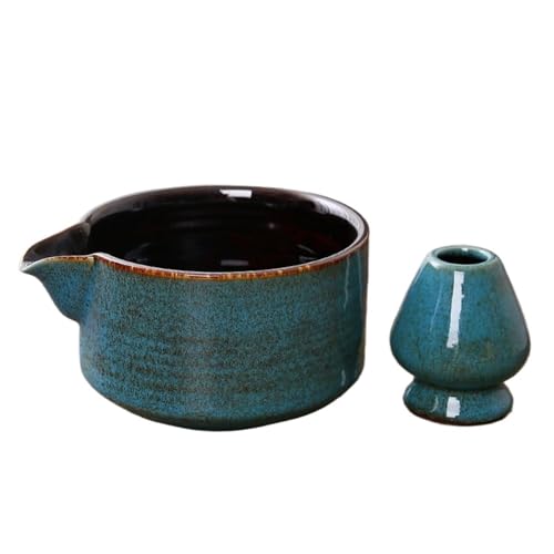 Matcha Tee Set 2PCS Keramik Matcha Schüssel Set Mit Ausgießer Wiederverwendbare Tee Schneebesen Halter Handgemachte Grün(Blue) von KHASCBNF