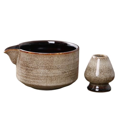 Matcha Tee Set 2PCS Keramik Matcha Schüssel Set Mit Ausgießer Wiederverwendbare Tee Schneebesen Halter Handgemachte Grün(White) von KHASCBNF