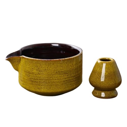 Matcha Tee Set 2PCS Keramik Matcha Schüssel Set Mit Ausgießer Wiederverwendbare Tee Schneebesen Halter Handgemachte Grün(Yellow) von KHASCBNF