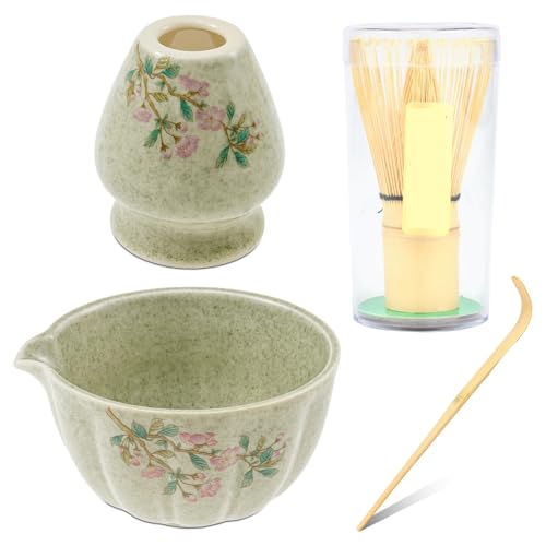 Matcha Tee Set 4-teiliges Matcha-Schneebesen-Set, elegantes Matcha-Set, Teetassen-Set, inklusive Schneebesenhalter, Keramikschüssel, Küchenhelfer for Teeliebhaber(Green) von KHASCBNF