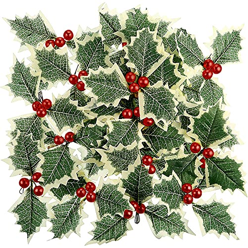 KHBNHJ Künstliche rote Beerenstiele mit grünen Blättern, künstliche Stechpalmen-Beerenstiele, künstliche Weihnachtsspieße für Weihnachtskranz, Basteln, Dekoration, 30 Stück von KHBNHJ