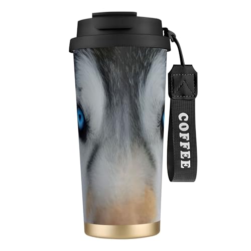 Blue Eyes Thermobecher mit Wolfsaufdruck, auslaufsicherer Deckel und Strohhalm, isolierter Kaffeebecher, doppelwandiger Vakuum-Edelstahl-Thermobecher für heiße und kalte Getränke, 500 ml von KHDKLXOHZ