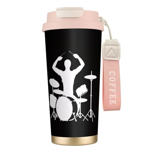 Drummer Print Reisebecher mit auslaufsicherem Deckel und Strohhalm, isolierter Kaffeebecher, doppelwandiger Vakuum-Edelstahl-Thermobecher für heiße und kalte Getränke, 500 ml von KHDKLXOHZ
