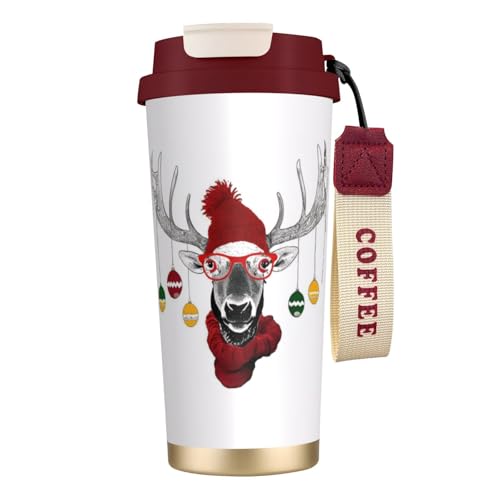Funny Christmas Deer Print Reisebecher mit auslaufsicherem Deckel und Strohhalm, isolierter Kaffeebecher, doppelwandiger Vakuum-Edelstahl-Thermobecher für heiße und kalte Getränke, 500 ml Funny Christmas Deer Print Reisebecher mit auslaufsicherem Deckel und Strohhalm, isolierter Kaffeebecher, doppelwandiger Vakuum-Edelstahl-Thermobecher für heiße und kalte Getränke, 500 ml von KHDKLXOHZ