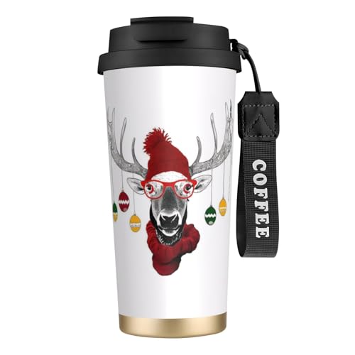 Funny Christmas Deer Print Reisebecher mit auslaufsicherem Deckel und Strohhalm, isolierter Kaffeebecher, doppelwandiger Vakuum-Edelstahl-Thermobecher für heiße und kalte Getränke, 500 ml Funny Christmas Deer Print Reisebecher mit auslaufsicherem Deckel und Strohhalm, isolierter Kaffeebecher, doppelwandiger Vakuum-Edelstahl-Thermobecher für heiße und kalte Getränke, 500 ml von KHDKLXOHZ