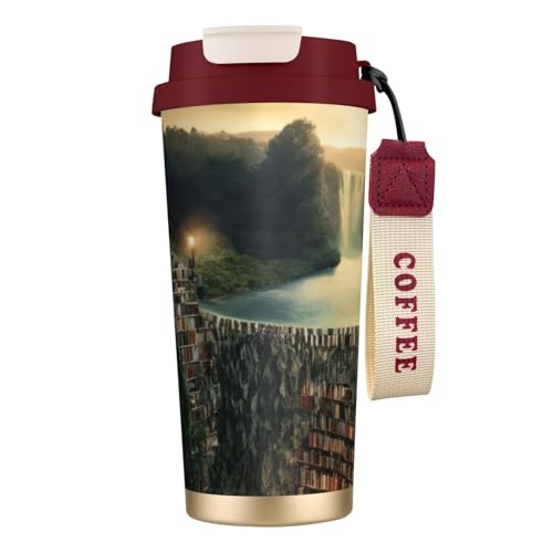 KHDKLXOHZ Thermobecher mit Bücherregal-Buchdruck, 500 ml, mit auslaufsicherem Deckel und Strohhalm, isolierter Kaffeebecher, doppelwandig, Vakuum-Edelstahl-Thermobecher für heiße und kalte Getränke von KHDKLXOHZ
