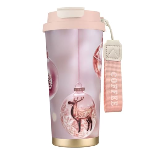 KHDKLXOHZ Thermobecher mit Weihnachtskugel-Aufdruck, auslaufsicherer Deckel und Strohhalm, isolierter Kaffeebecher, doppelwandiger Vakuum-Edelstahl-Thermobecher für heiße und kalte Getränke, 500 ml von KHDKLXOHZ