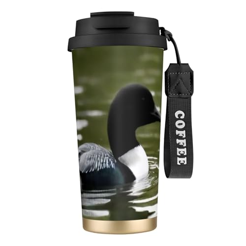Loon Nature Thermobecher mit Vogelmotiv, auslaufsicherer Deckel und Strohhalm, isolierter Kaffeebecher, doppelwandiger Vakuum-Edelstahl-Thermobecher für heiße und kalte Getränke, 500 ml von KHDKLXOHZ
