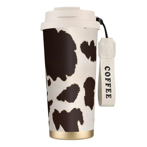 Reisebecher mit Kuhfell-Aufdruck, auslaufsicherer Deckel und Strohhalm, isolierter Kaffeebecher, doppelwandiger Vakuum-Edelstahl-Thermobecher für heiße und kalte Getränke, 500 ml von KHDKLXOHZ