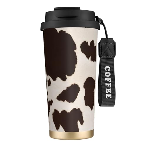 Reisebecher mit Kuhfell-Aufdruck, auslaufsicherer Deckel und Strohhalm, isolierter Kaffeebecher, doppelwandiger Vakuum-Edelstahl-Thermobecher für heiße und kalte Getränke, 500 ml von KHDKLXOHZ