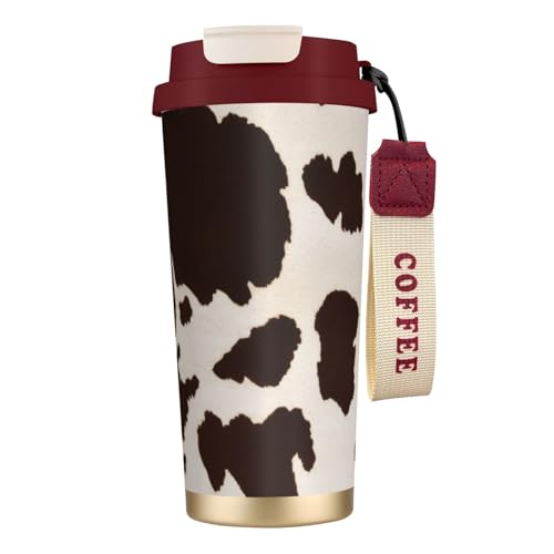 Reisebecher mit Kuhfell-Aufdruck, auslaufsicherer Deckel und Strohhalm, isolierter Kaffeebecher, doppelwandiger Vakuum-Edelstahl-Thermobecher für heiße und kalte Getränke, 500 ml Reisebecher mit Kuhfell-Aufdruck, auslaufsicherer Deckel und Strohhalm, isolierter Kaffeebecher, doppelwandiger Vakuum-Edelstahl-Thermobecher für heiße und kalte Getränke, 500 ml von KHDKLXOHZ