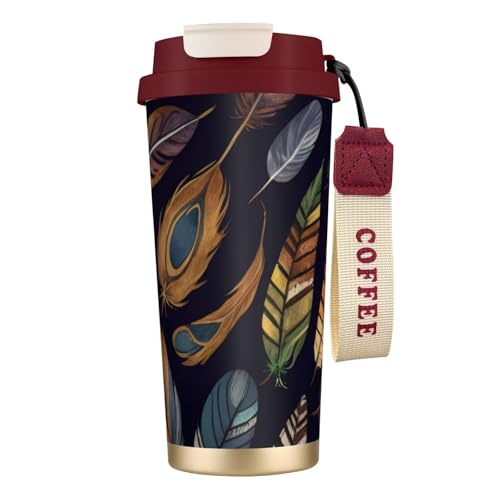 Reisebecher mit Pfauenfeder-Aufdruck, auslaufsicherer Deckel und Strohhalm, isolierter Kaffeebecher, doppelwandiger Vakuum-Edelstahl-Thermobecher für heiße und kalte Getränke, 500 ml von KHDKLXOHZ