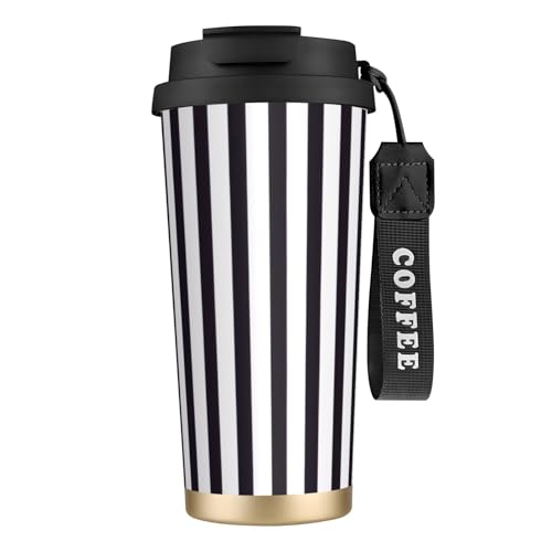 Reisebecher mit auslaufsicherem Deckel und Strohhalm, isolierter Kaffeebecher, doppelwandiger Vakuum-Edelstahl-Thermobecher für heiße und kalte Getränke, 500 ml, Schwarz / Weiß Reisebecher mit auslaufsicherem Deckel und Strohhalm, isolierter Kaffeebecher, doppelwandiger Vakuum-Edelstahl-Thermobecher für heiße und kalte Getränke, 500 ml, Schwarz / Weiß von KHDKLXOHZ