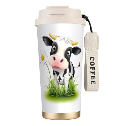 Reisebecher mit süßem Kuh-Aufdruck, auslaufsicherer Deckel und Strohhalm, isolierter Kaffeebecher, doppelwandig, Vakuum-Edelstahl-Thermobecher für heiße und kalte Getränke, 500 ml Reisebecher mit süßem Kuh-Aufdruck, auslaufsicherer Deckel und Strohhalm, isolierter Kaffeebecher, doppelwandig, Vakuum-Edelstahl-Thermobecher für heiße und kalte Getränke, 500 ml von KHDKLXOHZ
