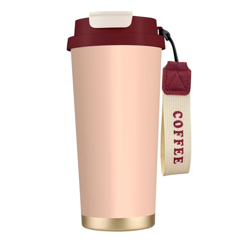Skalen-Reisebecher mit auslaufsicherem Deckel und Strohhalm, isolierter Kaffeebecher, doppelwandiger Vakuum-Edelstahl-Thermobecher für heiße und kalte Getränke, 500 ml, Blassrosa Skalen-Reisebecher mit auslaufsicherem Deckel und Strohhalm, isolierter Kaffeebecher, doppelwandiger Vakuum-Edelstahl-Thermobecher für heiße und kalte Getränke, 500 ml, Blassrosa von KHDKLXOHZ