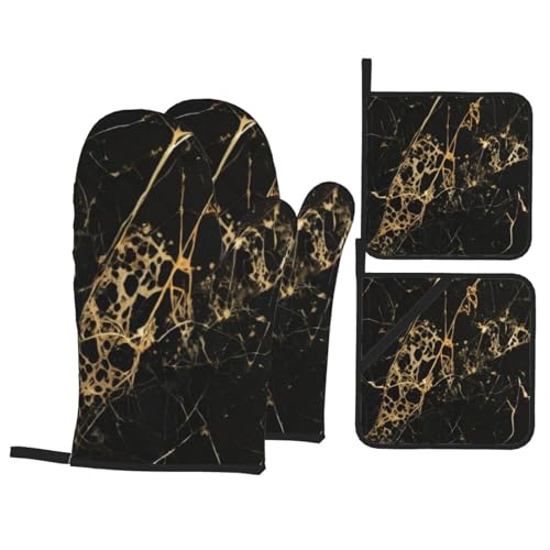 Süße Gold Marmor Ofenhandschuhe und Topflappen Set von 4 - Isoliert, rutschfest, Ofenhandschuhe Hot Pads zum Kochen, Backen, Grillen von KHDKLXOHZ