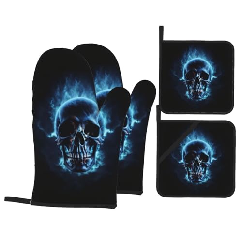 Süße Horror Ghost Skull Ofenhandschuhe und Topflappen Set von 4 - isoliert, rutschfest, Ofenhandschuhe Hot Pads zum Kochen, Backen, Grillen von KHDKLXOHZ
