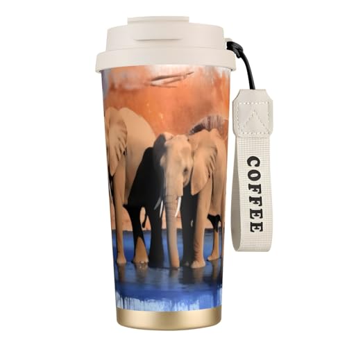 Thermobecher mit Elefanten-Kunstdruck, 500 ml, mit auslaufsicherem Deckel und Strohhalm, isolierter Kaffeebecher, doppelwandig, Vakuum-Edelstahl-Thermobecher für heiße und kalte Getränke Thermobecher mit Elefanten-Kunstdruck, 500 ml, mit auslaufsicherem Deckel und Strohhalm, isolierter Kaffeebecher, doppelwandig, Vakuum-Edelstahl-Thermobecher für heiße und kalte Getränke von KHDKLXOHZ